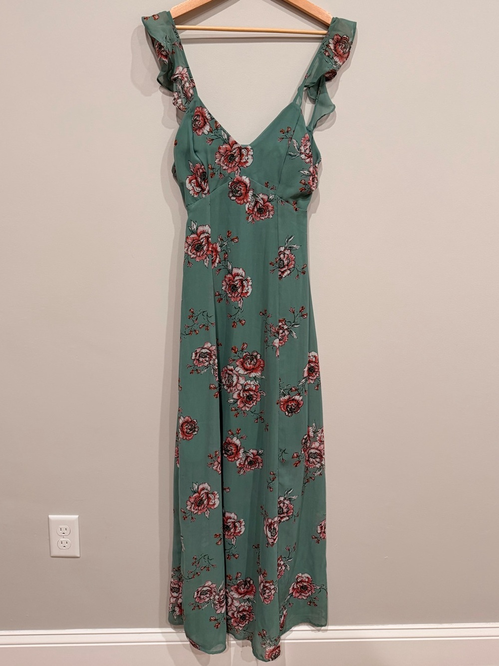 Japna - Teal Green Floral Ruffle-Strap Boho Maxi Dress - Size: S